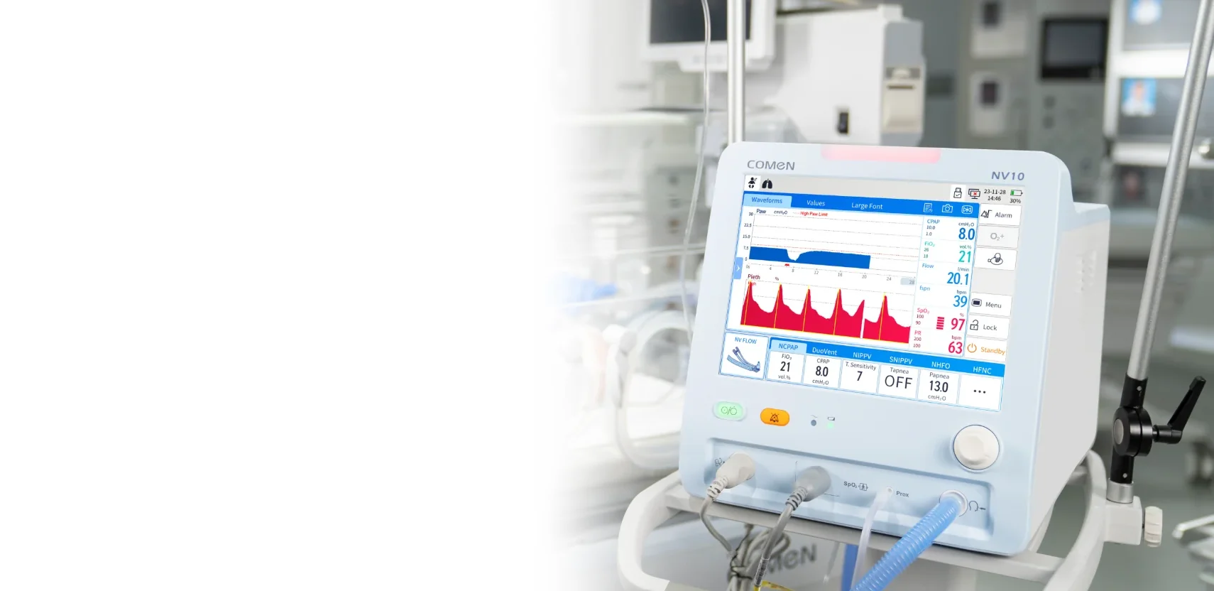 Comen NV10 neonatal ventilator in a neonatal unit